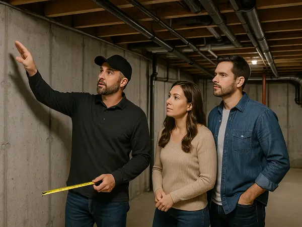 Professional contractor discussing basement renovation options with homeowners during initial consultation